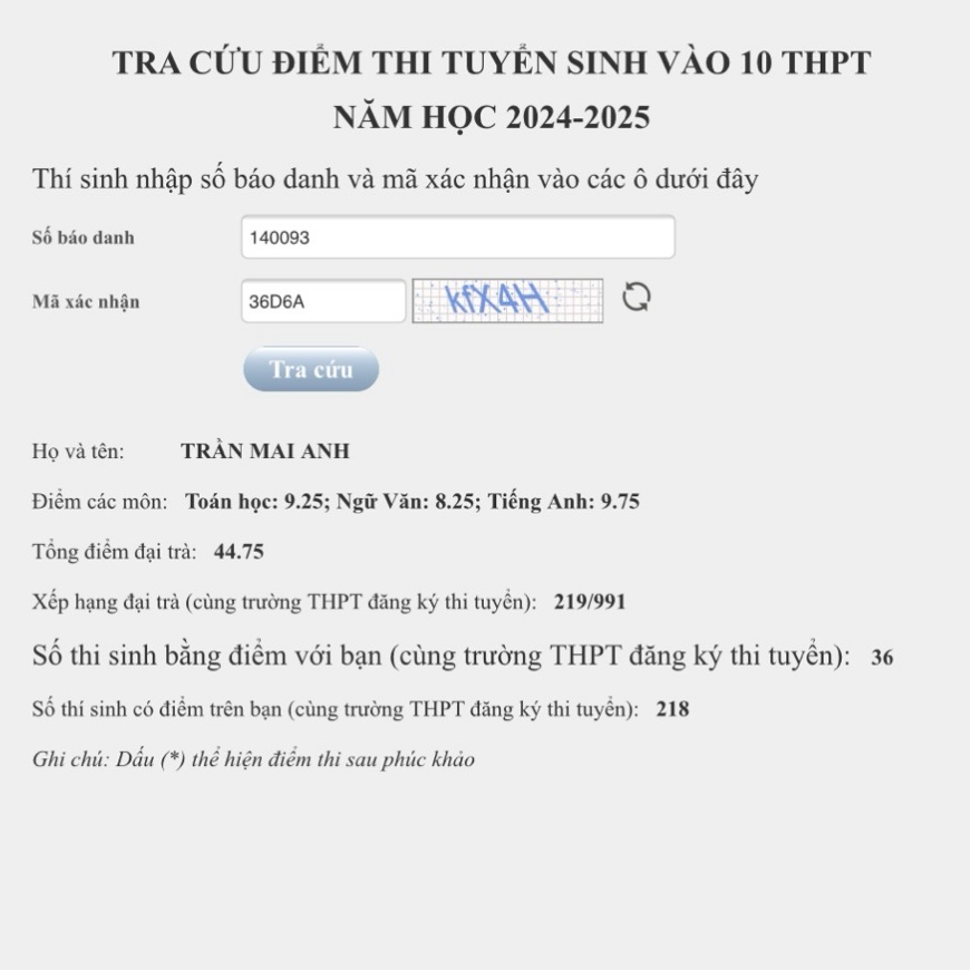 Ảnh tra cứu điểm thi tuyển sinh vào 10 của học sinh Trần Mai Anh: Tiếng Anh 9.75, Toán 9.25, Ngữ Văn 8.25